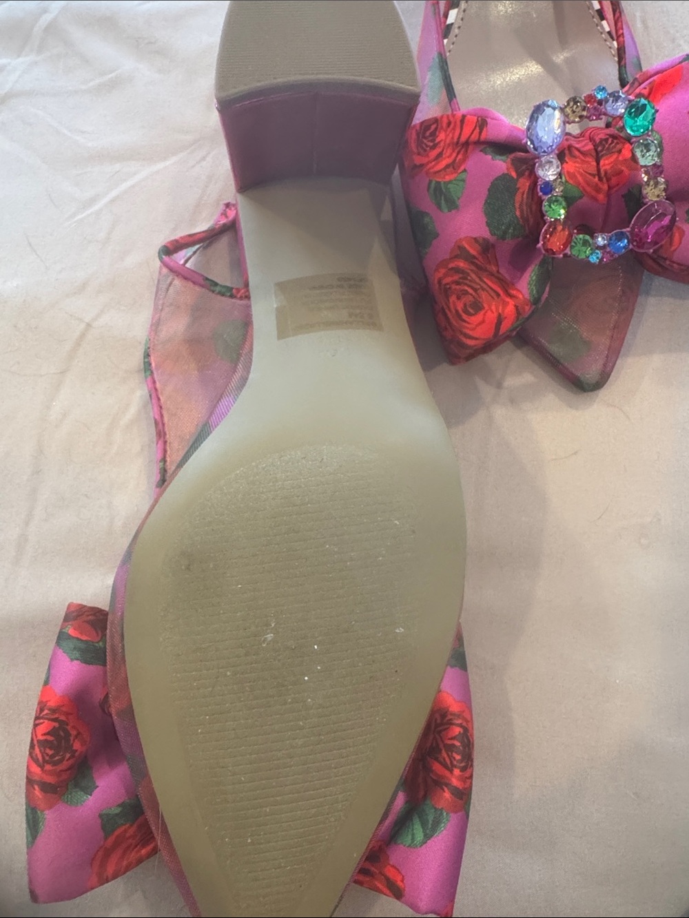 Betsey Johnson Pink Floral Pointed Toe Slingback Heels with Gem Bow - Picture 3 of 4